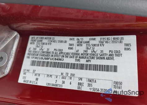 2015 Ford Escape Titanium z USA, uszkodzony, nr VIN 1FMCU9J98FUC84963